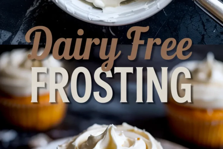 Two-part image showing dairy-free frosting preparation with a spatula in a bowl and finished vegan cupcakes topped with fluffy white frosting on a white plate, styled with bold “Dairy Free Frosting” text overlay.