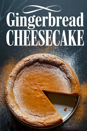 Top-down view of a gingerbread cheesecake dusted with powdered sugar, with a clean slice removed to show the dense spiced filling and cookie crust, paired with bold festive text overlay.