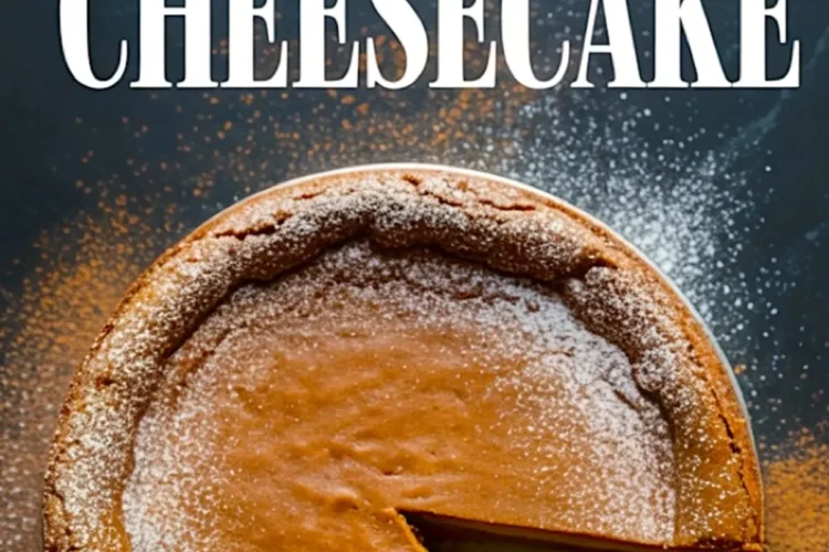 Top-down view of a gingerbread cheesecake dusted with powdered sugar, with a clean slice removed to show the dense spiced filling and cookie crust, paired with bold festive text overlay.