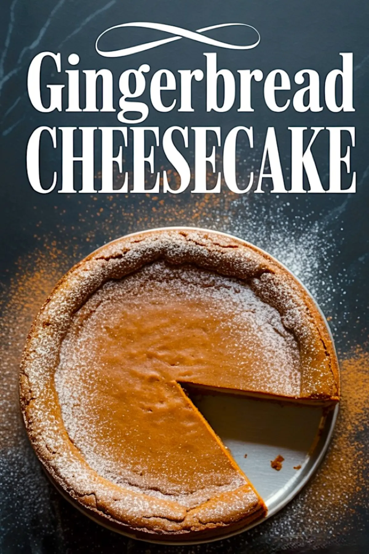 Top-down view of a gingerbread cheesecake dusted with powdered sugar, with a clean slice removed to show the dense spiced filling and cookie crust, paired with bold festive text overlay.