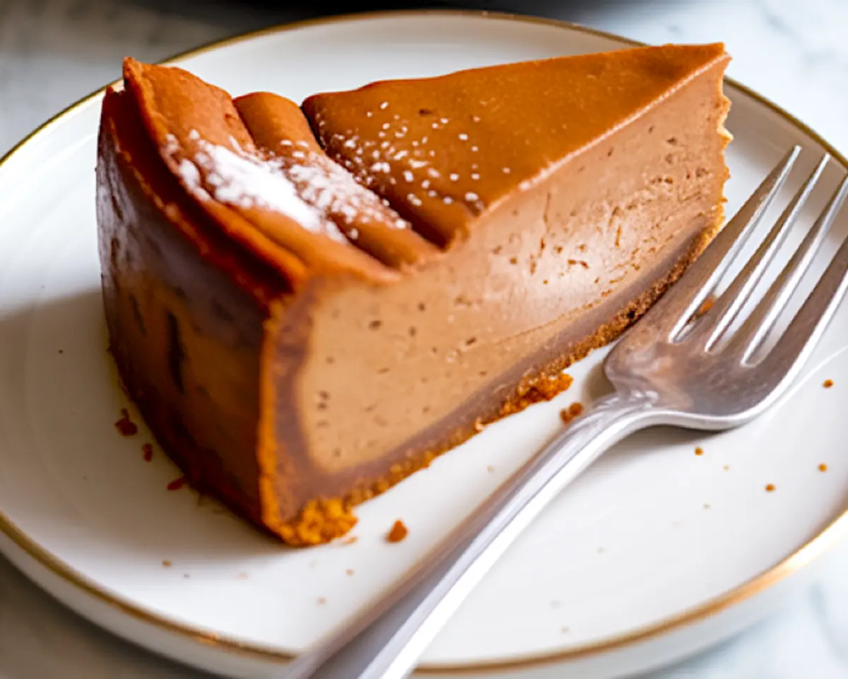 Slice of gingerbread cheesecake on a white dessert plate with a silver fork, showing a smooth, spiced filling and thick gingersnap crust, lightly dusted with powdered sugar.