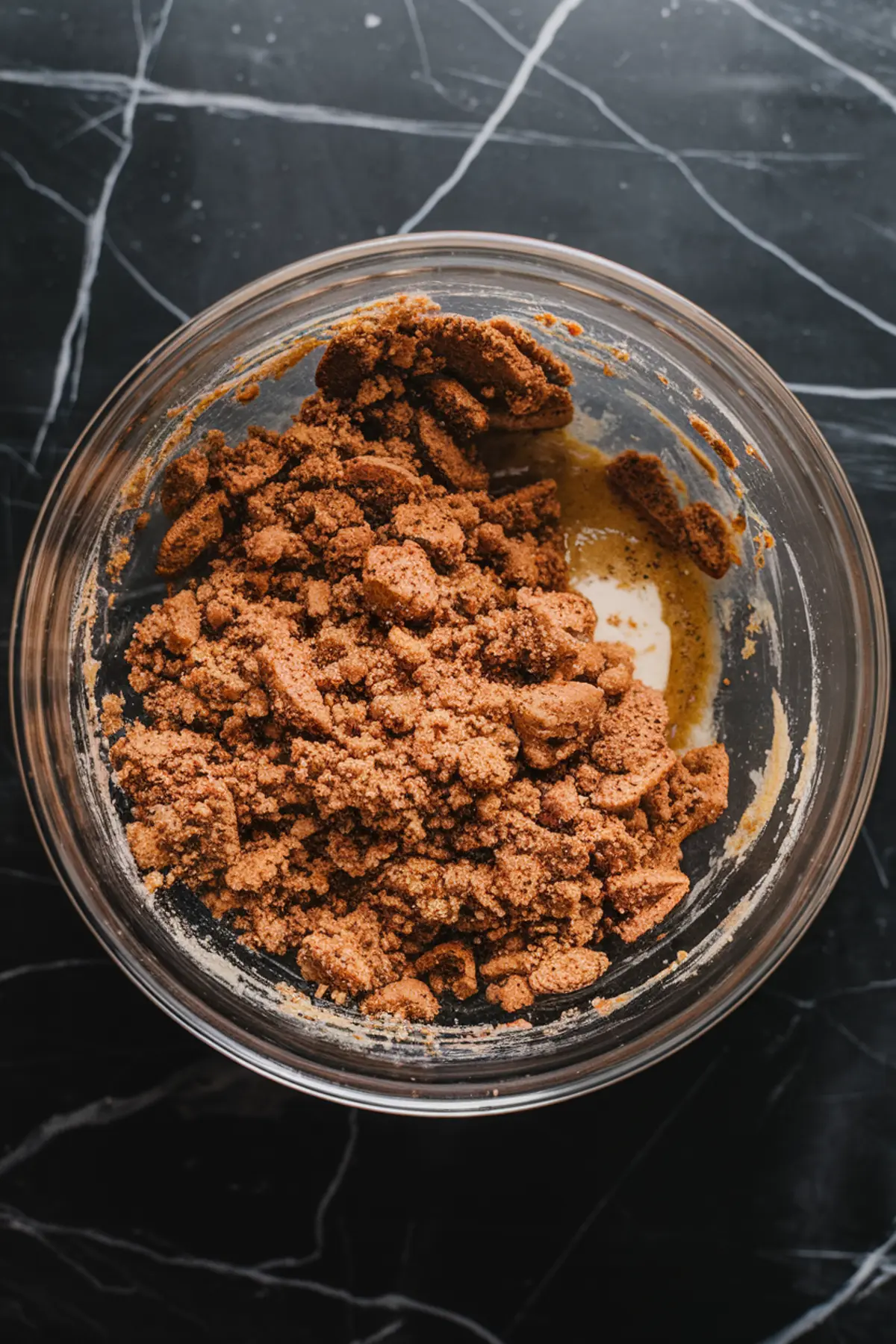 Crushed gingersnap cookies mixed with melted butter in a glass bowl, forming the base for a holiday cheesecake crust on a dark marble surface.