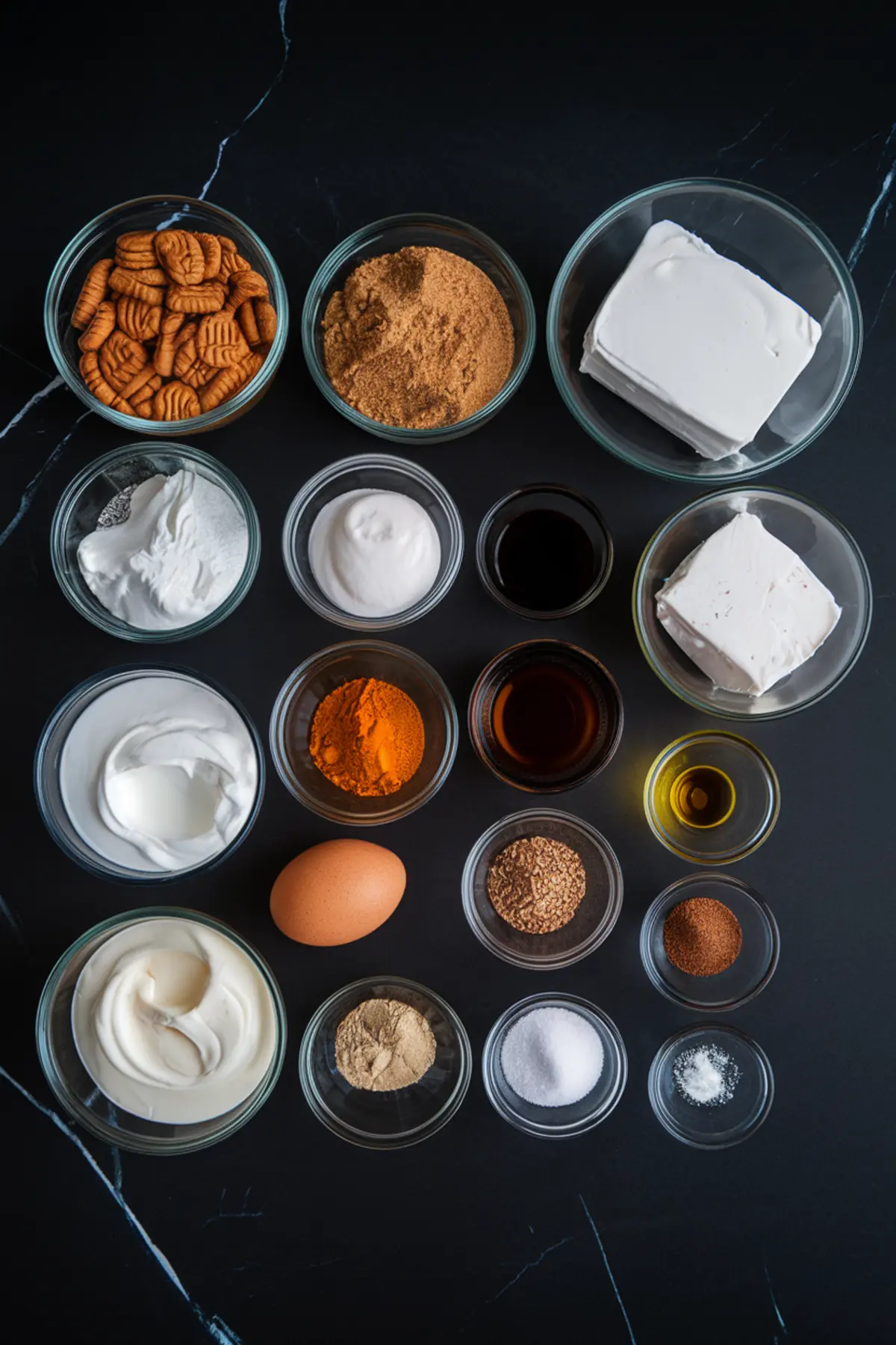 Flat lay of cheesecake ingredients in clear bowls including cream cheese blocks, gingersnap cookies, brown sugar, sour cream, vanilla extract, egg, and warm spices like cinnamon, nutmeg, and ginger.