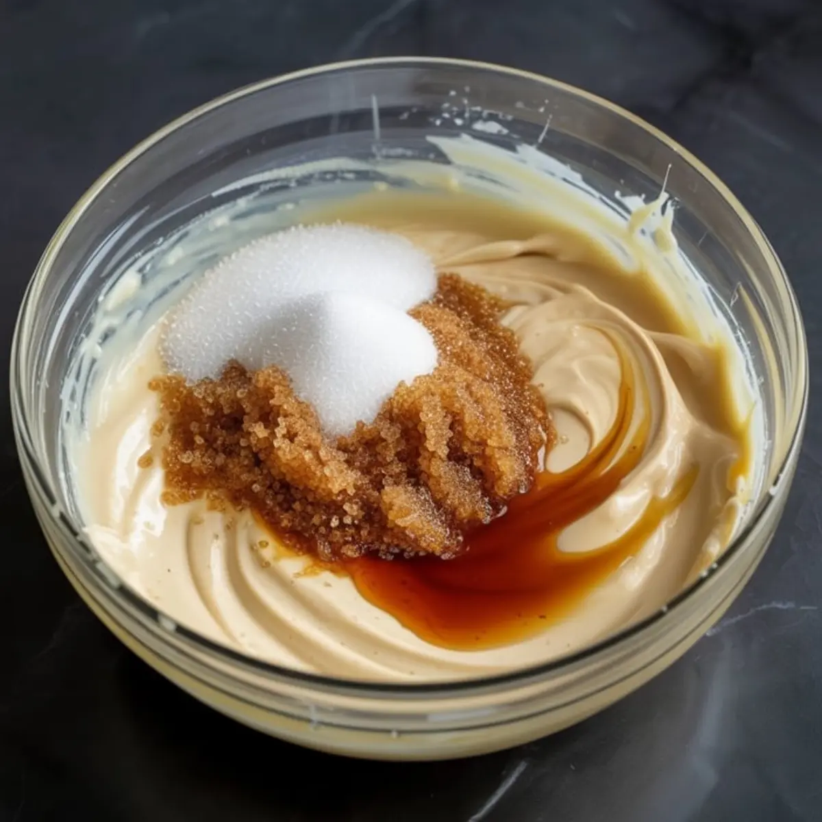 Cream cheese mixture in a glass bowl topped with white granulated sugar, brown sugar, and a splash of vanilla extract on a dark countertop.