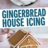 Close-up of glossy white icing in a bowl above a minimalist gingerbread house with white icing piped along the roof and windows.