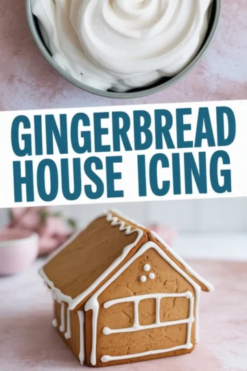 Close-up of glossy white icing in a bowl above a minimalist gingerbread house with white icing piped along the roof and windows.