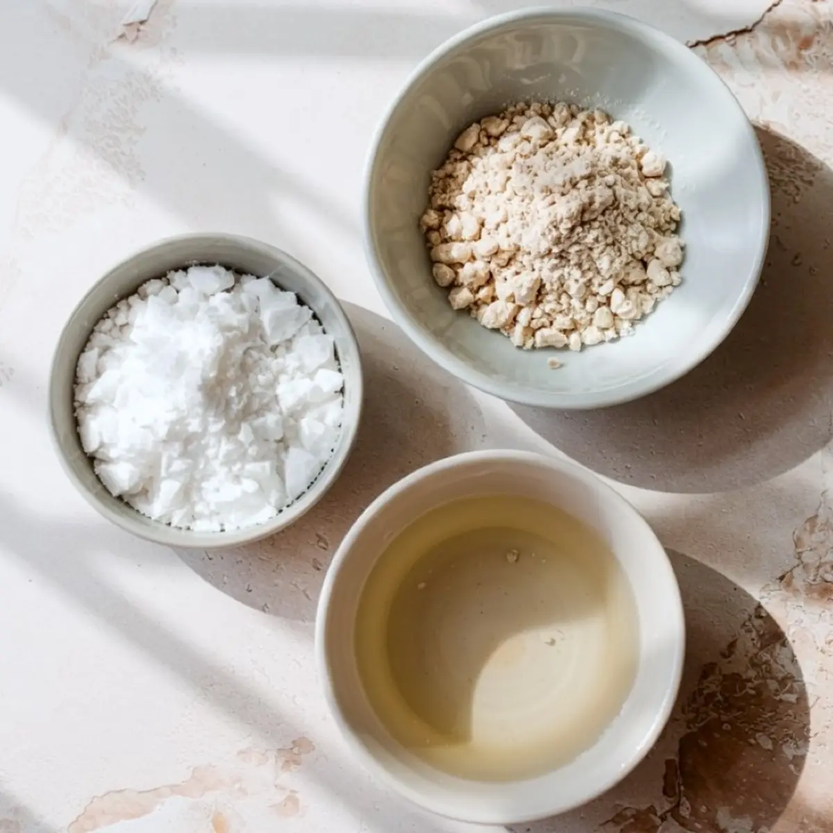 Three ceramic bowls with royal icing ingredients: powdered sugar, meringue powder, and clear corn syrup on a textured surface.
