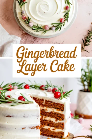 Collage featuring a festive gingerbread cake with white frosting, garnished with sugared cranberries and fresh rosemary. The top view shows a circular swirl of frosting, and the bottom half highlights the sliced interior with visible spiced cake layers and creamy filling.