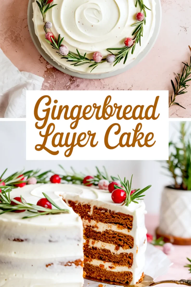 Collage featuring a festive gingerbread cake with white frosting, garnished with sugared cranberries and fresh rosemary. The top view shows a circular swirl of frosting, and the bottom half highlights the sliced interior with visible spiced cake layers and creamy filling.