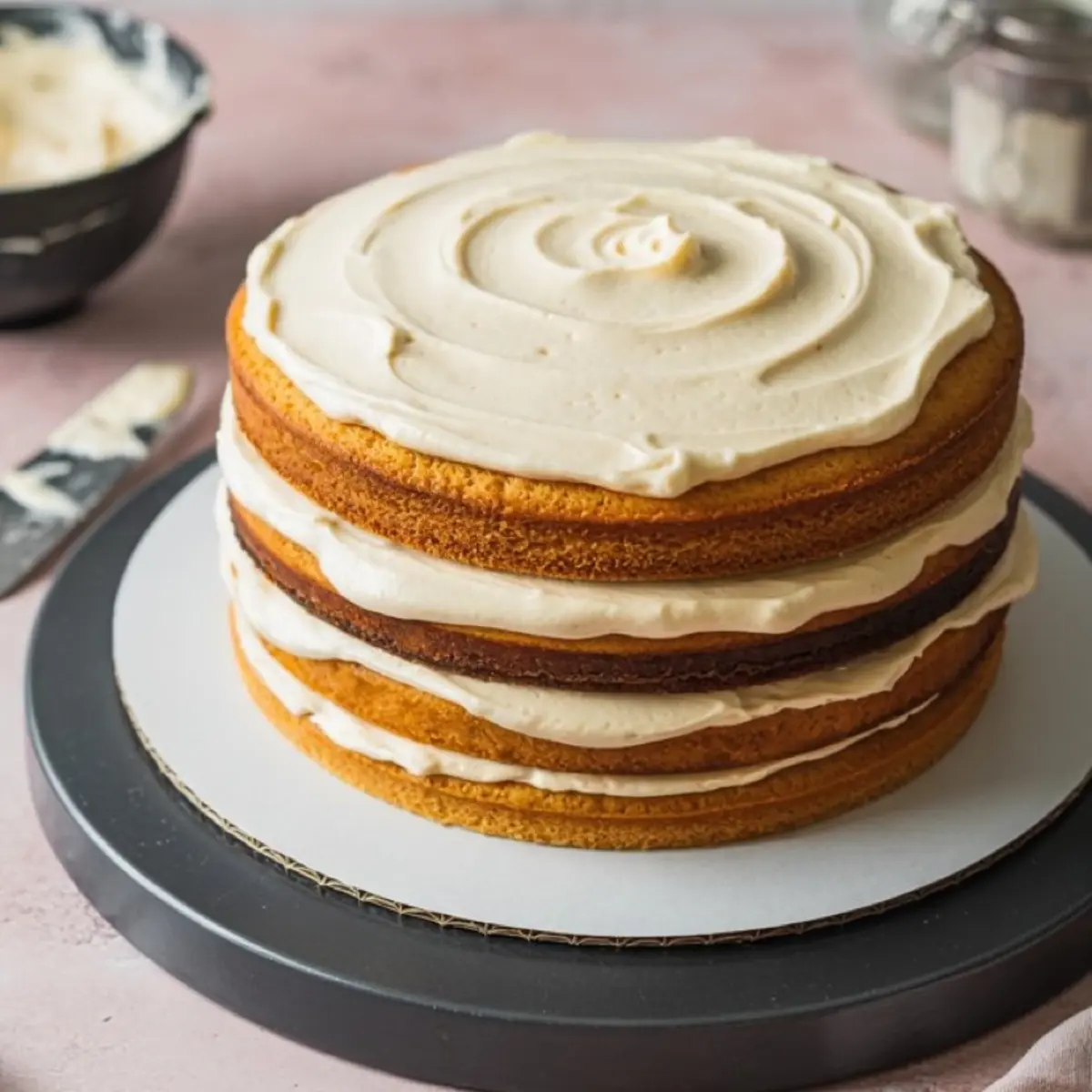 A layered gingerbread cake is being assembled with thick layers of creamy frosting between golden-brown cake rounds on a cake turntable.