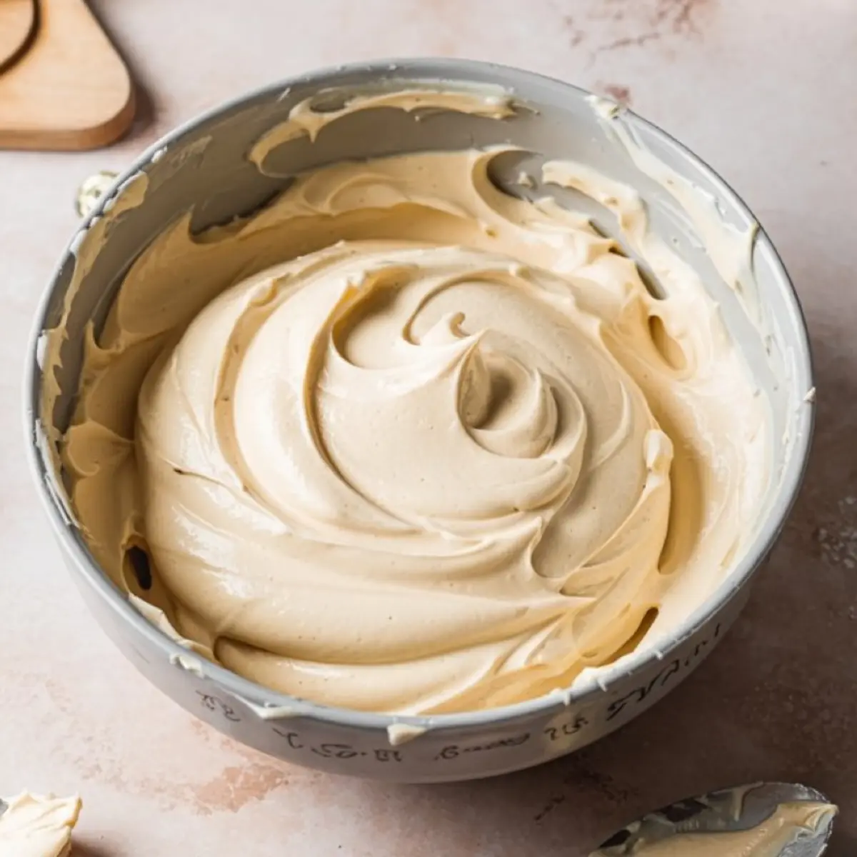 A mixing bowl filled with smooth, pale brown gingerbread cake batter sits on a light pink surface, with soft swirls showing the whipped texture.