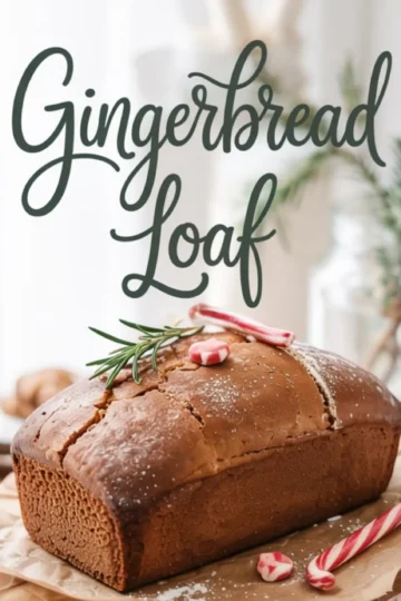 Whole gingerbread loaf topped with powdered sugar, rosemary sprig, and peppermint candies, styled for Christmas with “Gingerbread Loaf” text in the background.