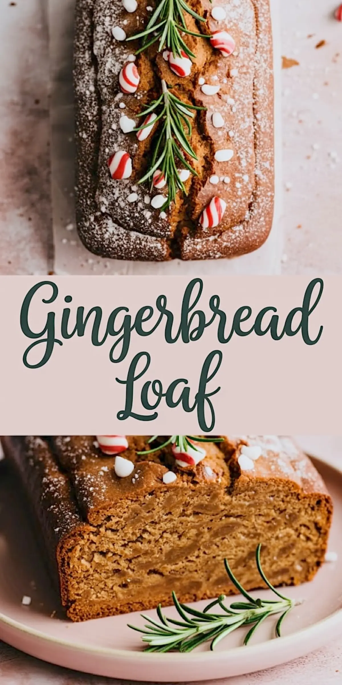Decorated gingerbread loaf with rosemary and crushed peppermint candy on top, shown with a cross-section of the sliced loaf on a pink plate, over “Gingerbread Loaf” text.
