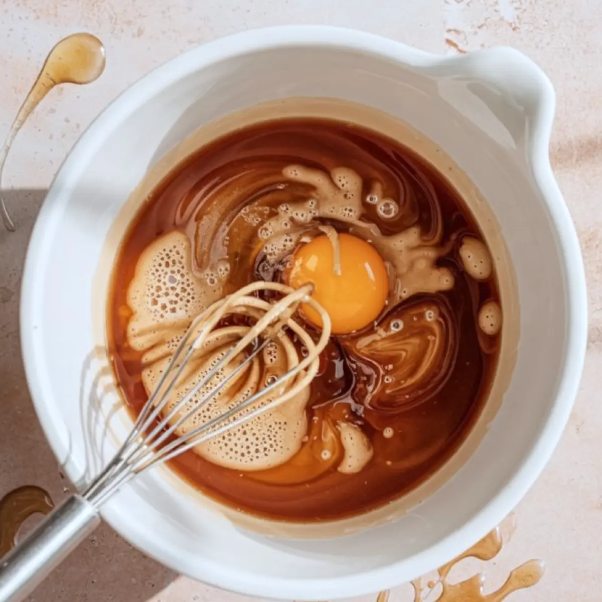 Mixing bowl with egg yolk, brown sugar, and molasses being whisked together, showing the base mixture for homemade gingerbread loaf.
