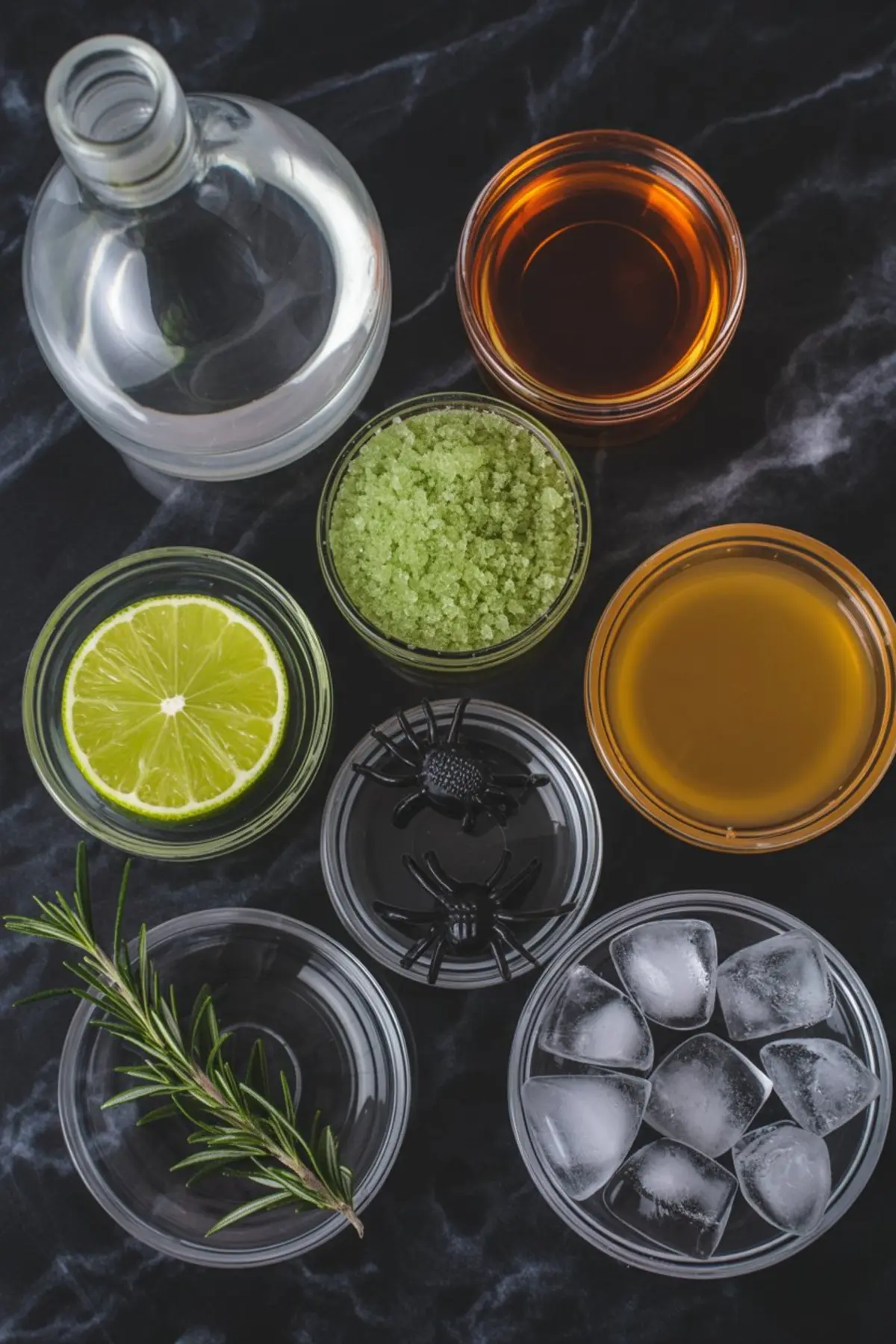 Flat lay of cocktail ingredients on a black marble surface, including lime slice, rosemary sprig, green sugar, two plastic spiders, ice cubes, amber liquid, and clear spirits in small bowls.

