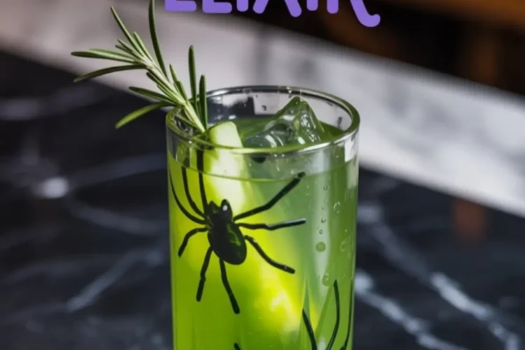 Green Halloween drink in a spider-themed tall glass with ice, rosemary sprig, and a cucumber spear, placed on a dark marble counter under bold “Green Witch Elixir” text.