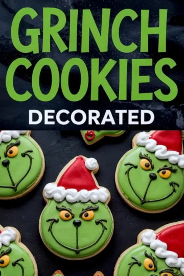Grinch-themed Christmas sugar cookies decorated with green royal icing, red Santa hats, and black icing details, displayed under bold “Grinch Cookies Decorated” text.