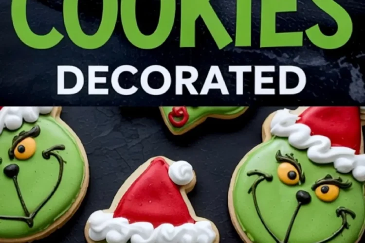 Grinch-themed Christmas sugar cookies decorated with green royal icing, red Santa hats, and black icing details, displayed under bold “Grinch Cookies Decorated” text.