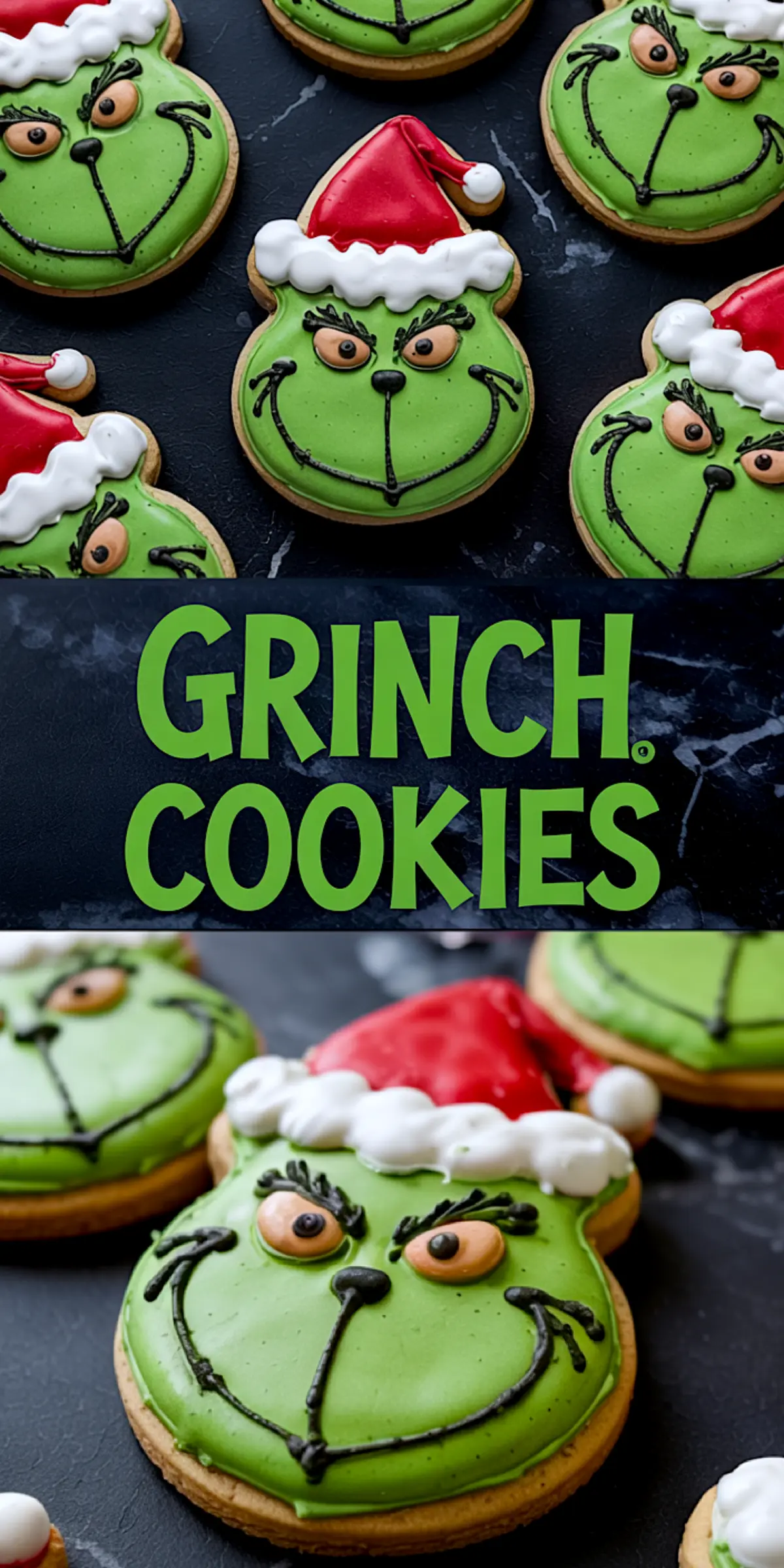 Christmas Grinch cookies decorated with green, red, and white royal icing, styled on a dark surface under bold “Grinch Cookies” text.