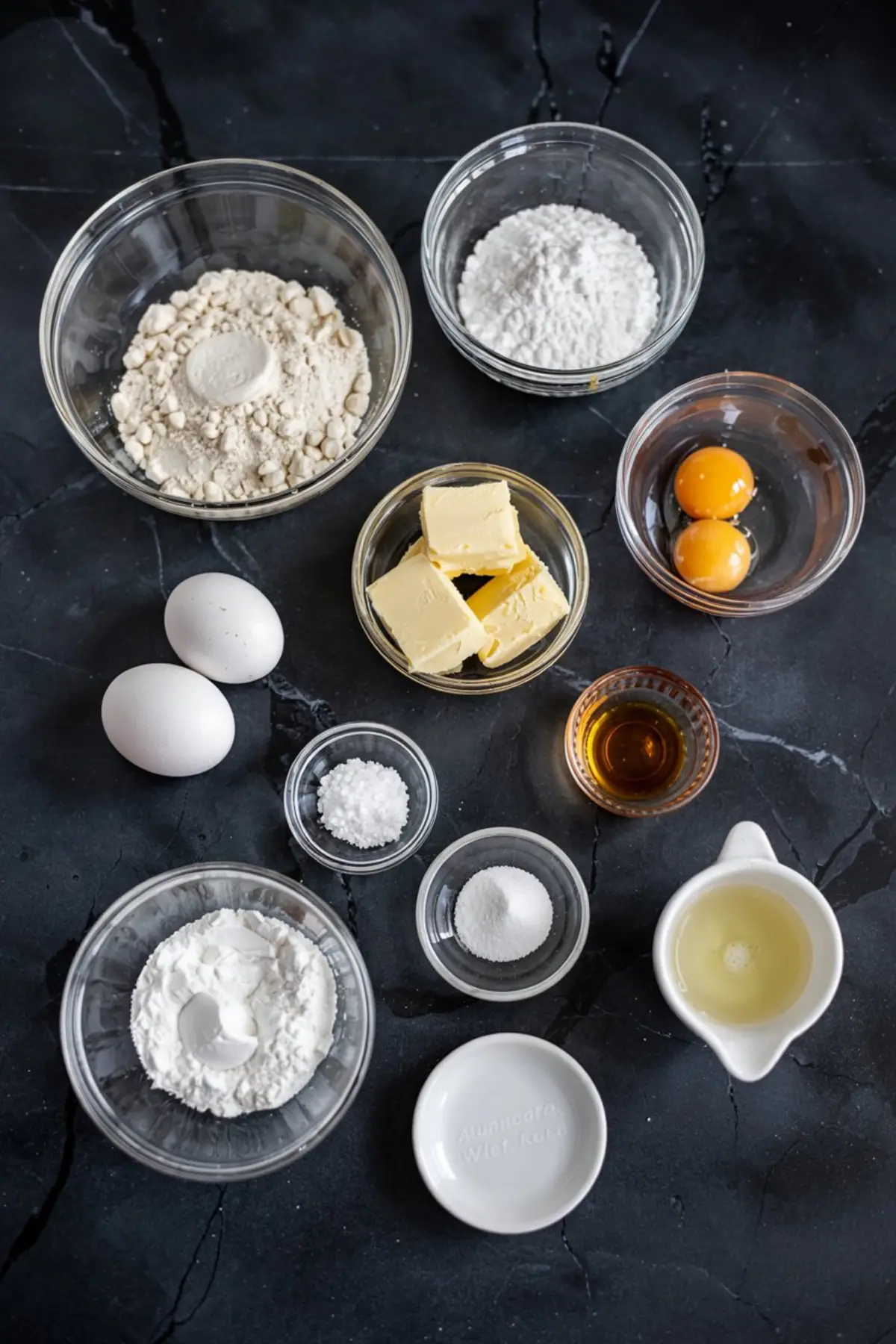 Flat lay of individual baking ingredients in small glass bowls, including flour, butter, powdered sugar, egg yolks, whole eggs, cornstarch, baking powder, vanilla, and egg whites on a black marble surface.