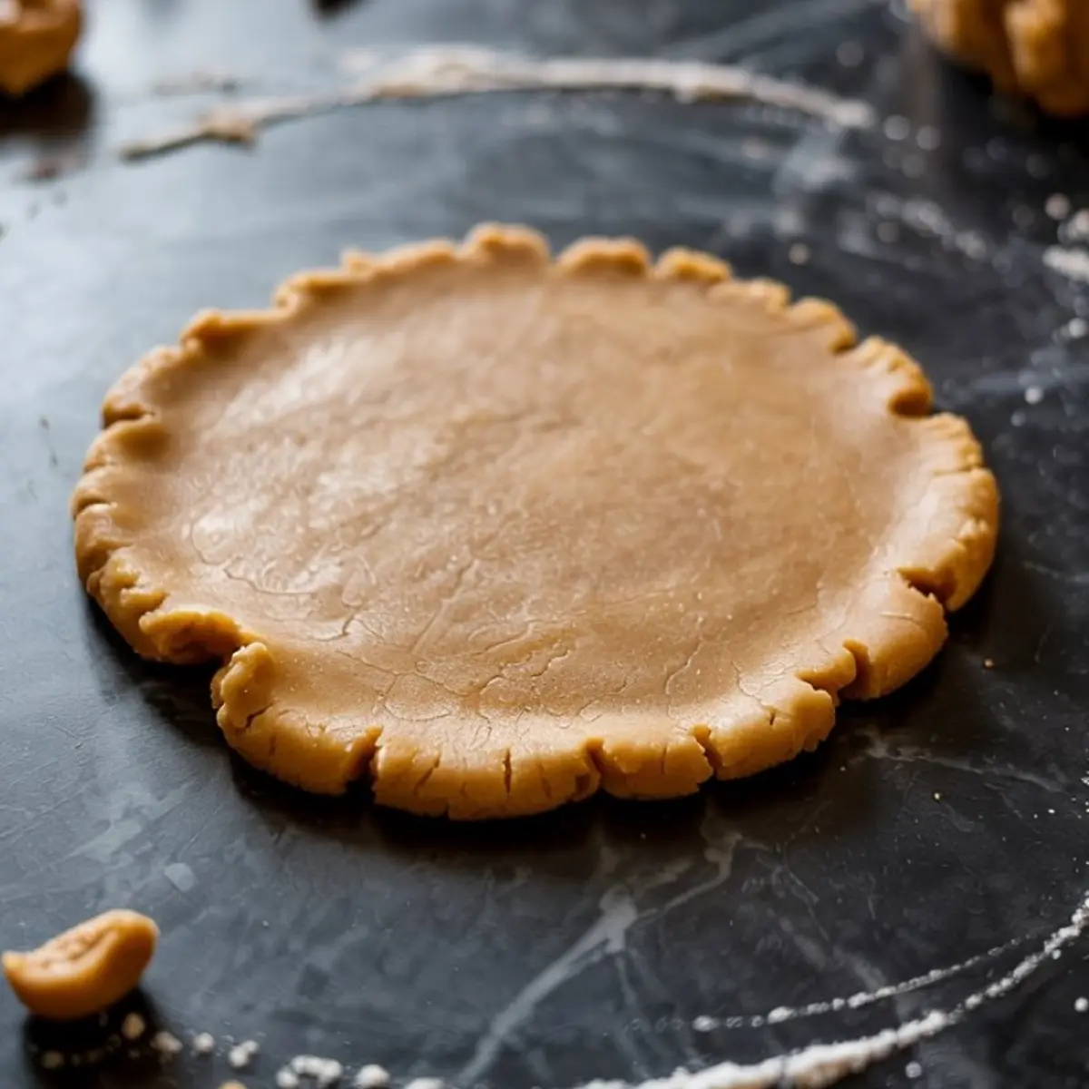 Unbaked round sugar cookie dough rolled out on a floured surface with rustic edges, ready for cutting or shaping.