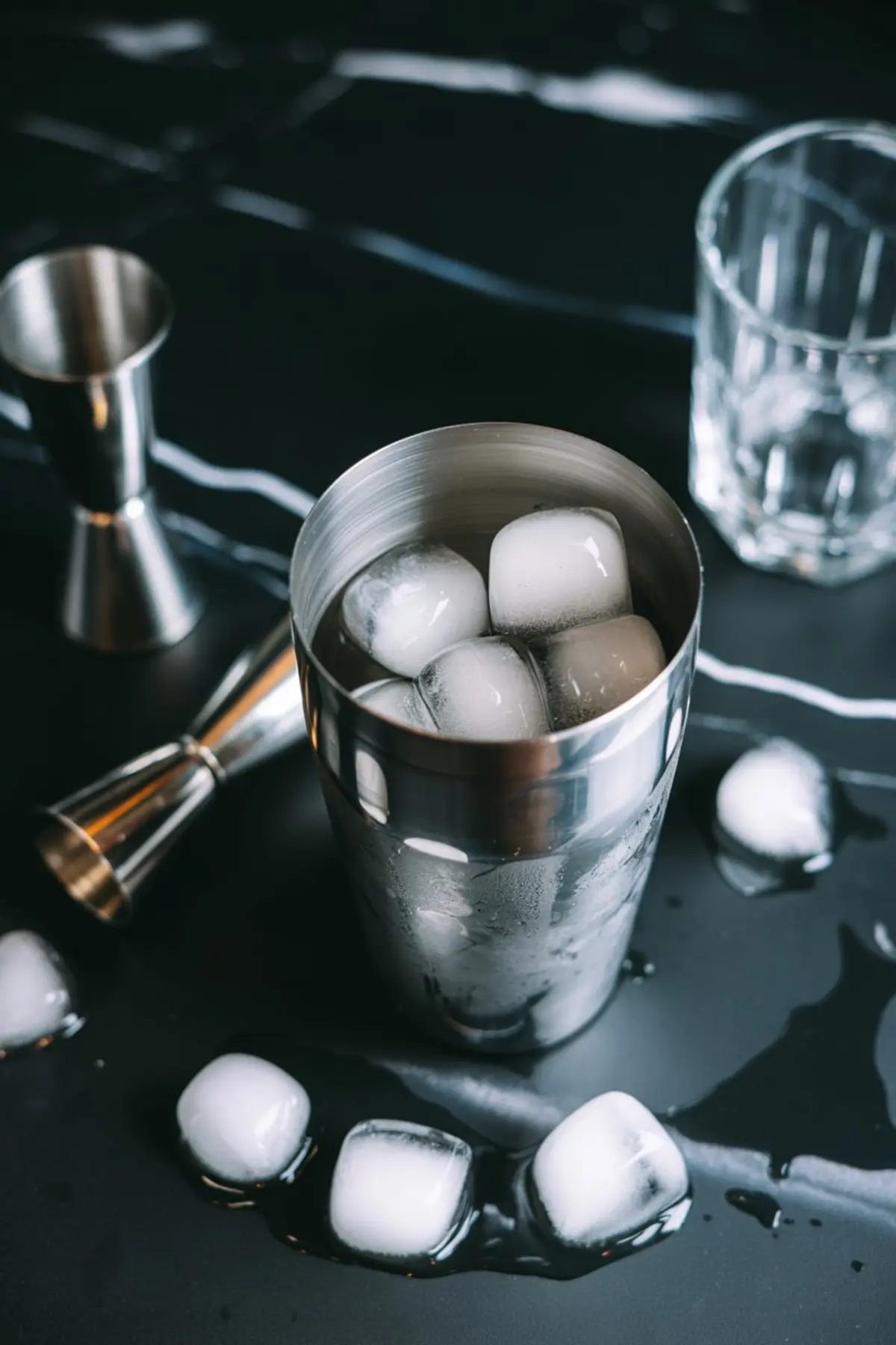 Cocktail shaker filled with ice cubes on a dark marble surface, surrounded by a glass and stainless steel jiggers with water droplets and melting ice.
