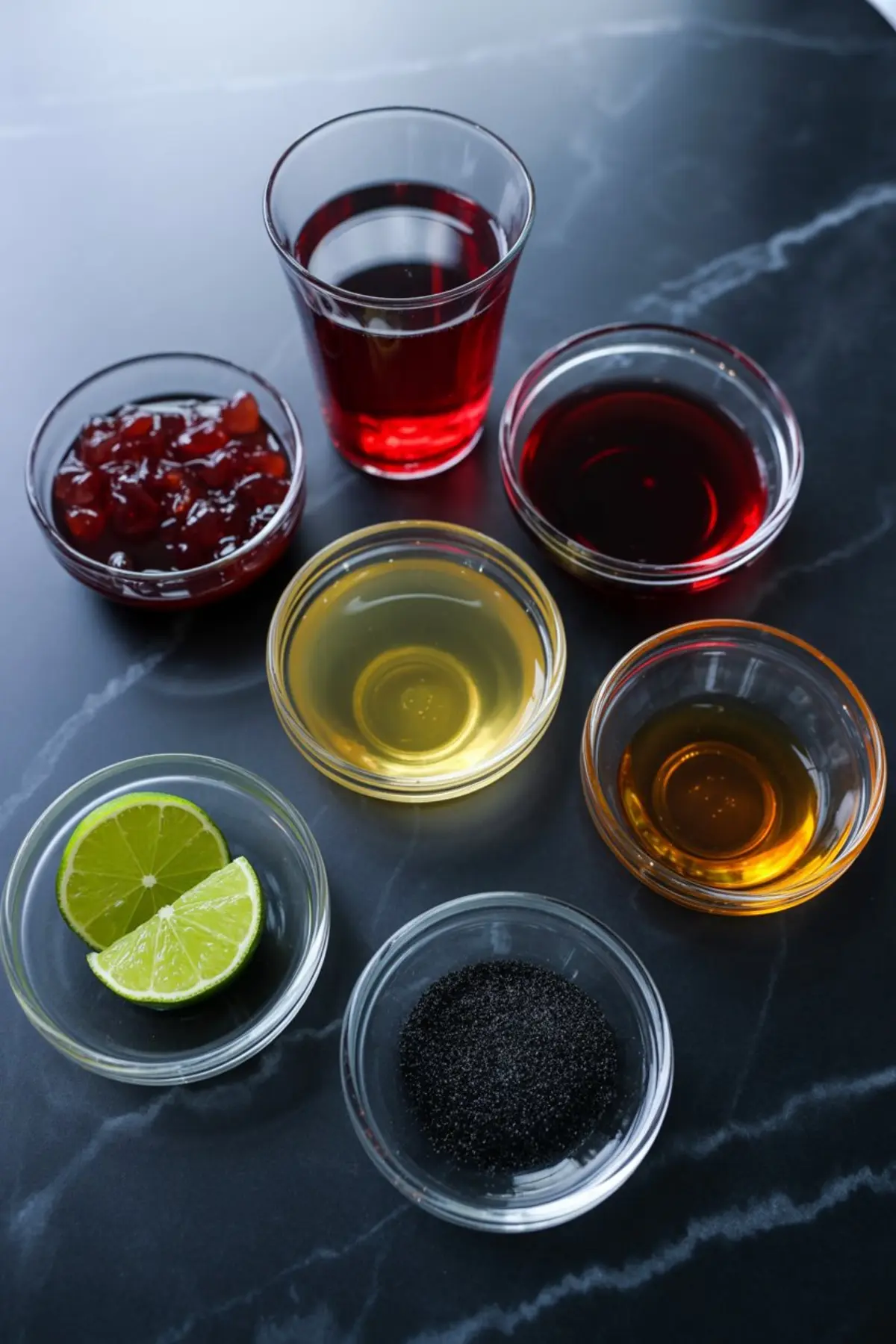 Overhead view of cocktail ingredients in small glass bowls, including red and dark liquids, lime wedges, honey, syrup, poppy seeds, and cherry compote on a black surface.
