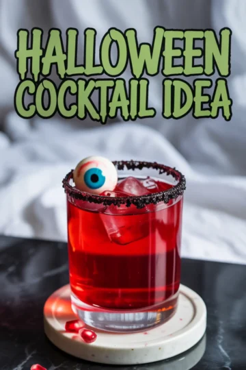 Spooky red Halloween cocktail in a glass with a black sugar rim, ice cubes, and a floating candy eyeball garnish, styled with pomegranate seeds on a coaster.