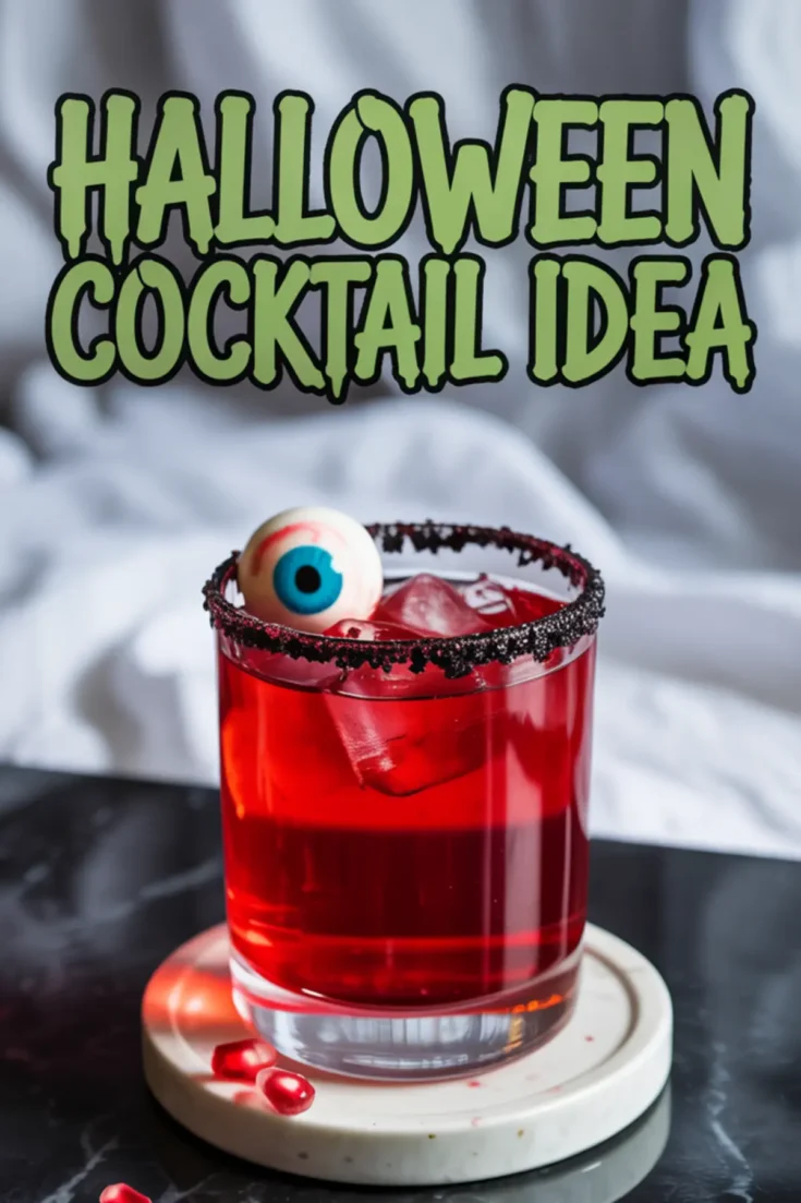 Spooky red Halloween cocktail in a glass with a black sugar rim, ice cubes, and a floating candy eyeball garnish, styled with pomegranate seeds on a coaster.