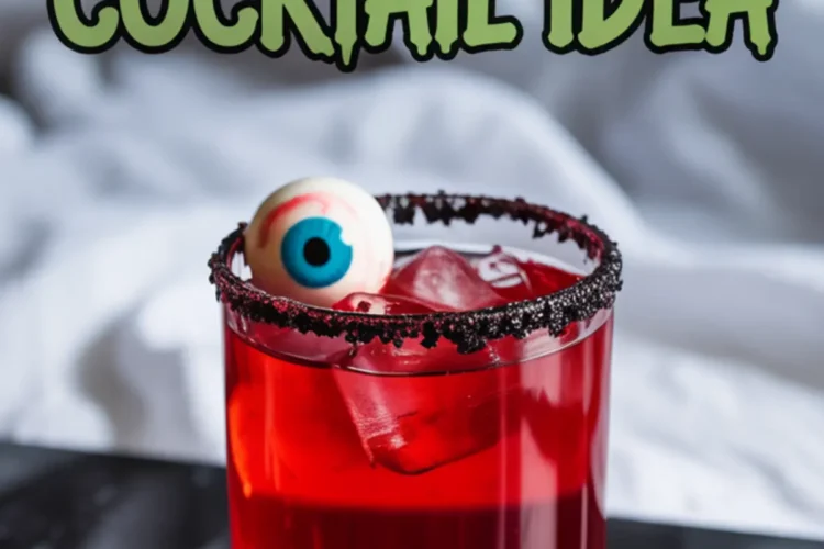 Spooky red Halloween cocktail in a glass with a black sugar rim, ice cubes, and a floating candy eyeball garnish, styled with pomegranate seeds on a coaster.