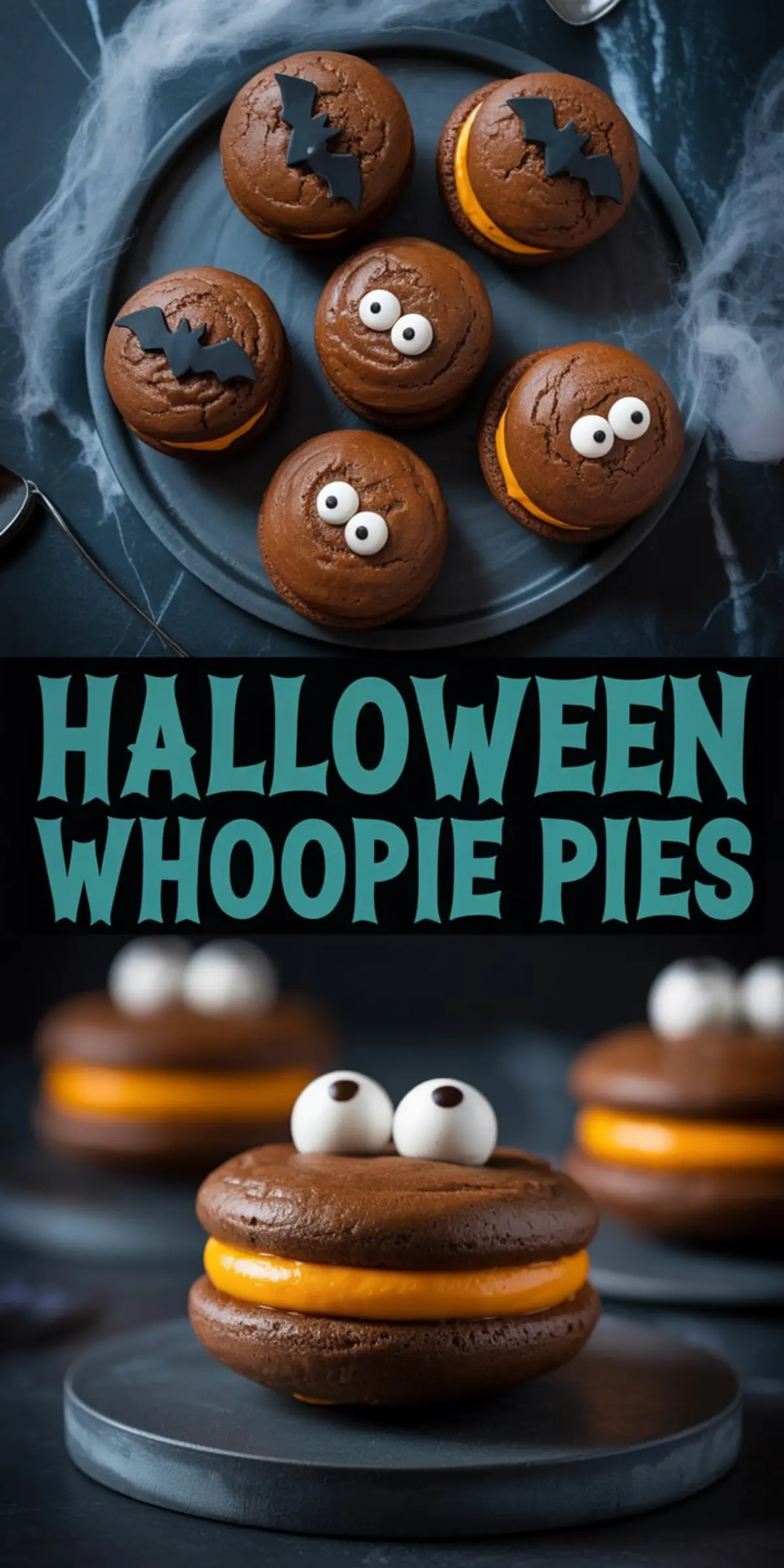 Collage featuring Halloween whoopie pies decorated with candy eyes, black bat cutouts, and orange frosting, styled on black plates with cobweb props and labeled “Halloween Whoopie Pies.”