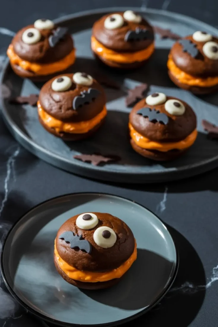 Chocolate whoopie pies with orange filling, decorated with candy eyes and bat cutouts, arranged on a black plate with bat-shaped confetti on a dark marble surface.