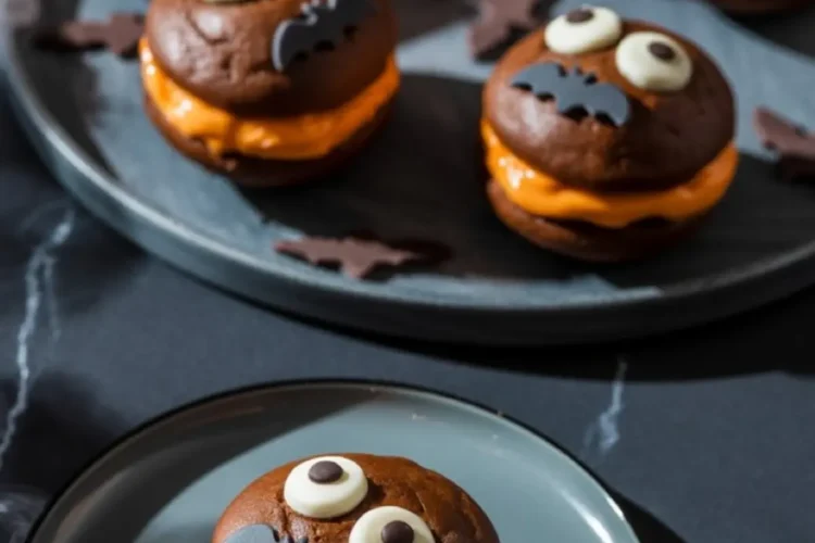 Chocolate whoopie pies with orange filling, decorated with candy eyes and bat cutouts, arranged on a black plate with bat-shaped confetti on a dark marble surface.
