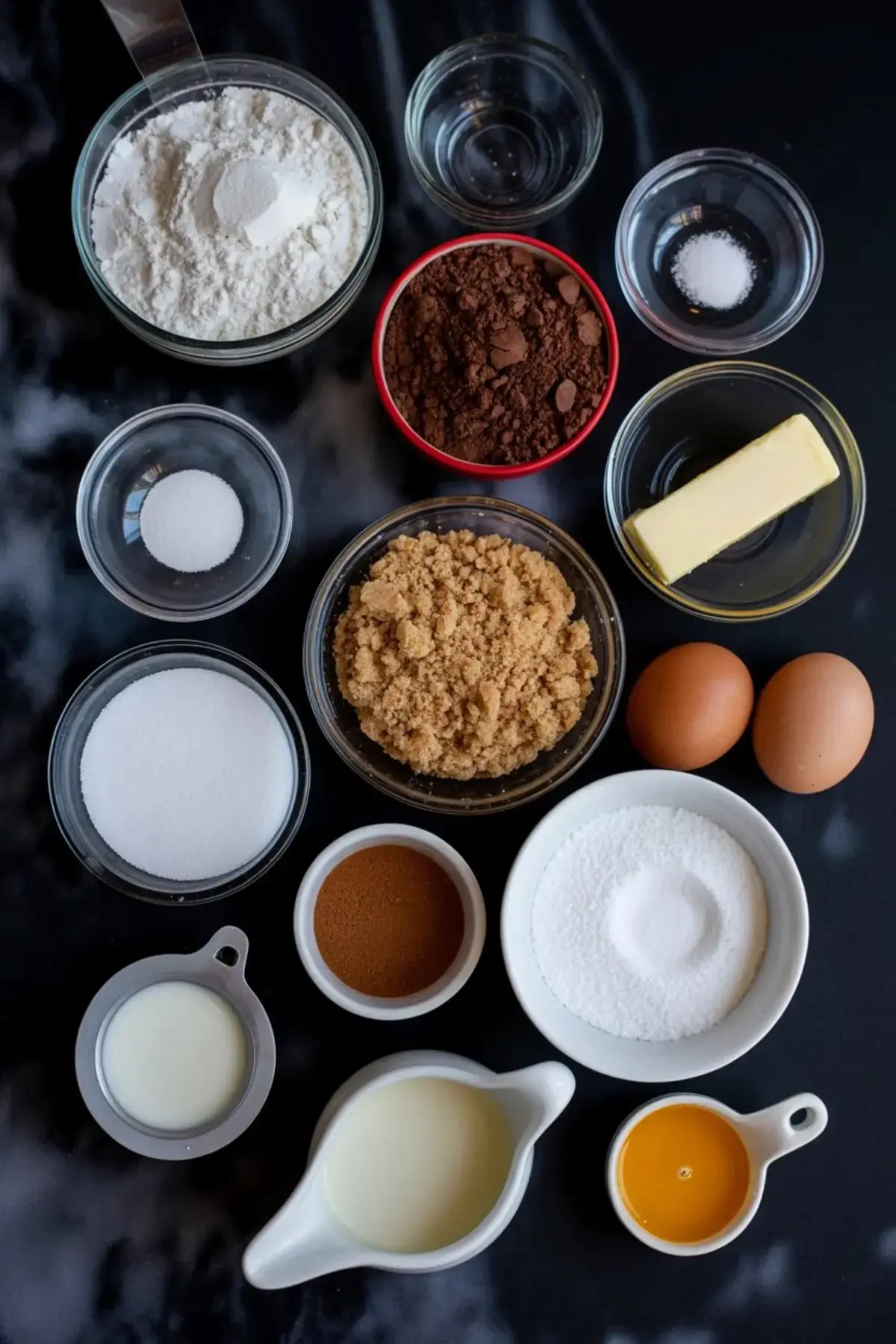 Flat lay of Halloween whoopie pie ingredients including flour, cocoa powder, butter, sugar, brown sugar, eggs, buttermilk, baking powder, cinnamon, and vanilla on a black marble background.