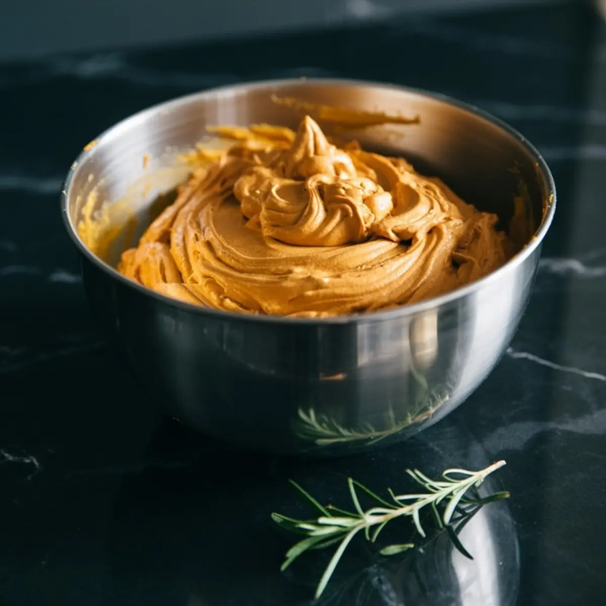 Bright orange frosting swirled in a stainless steel mixing bowl on a black marble countertop, with a sprig of rosemary nearby.