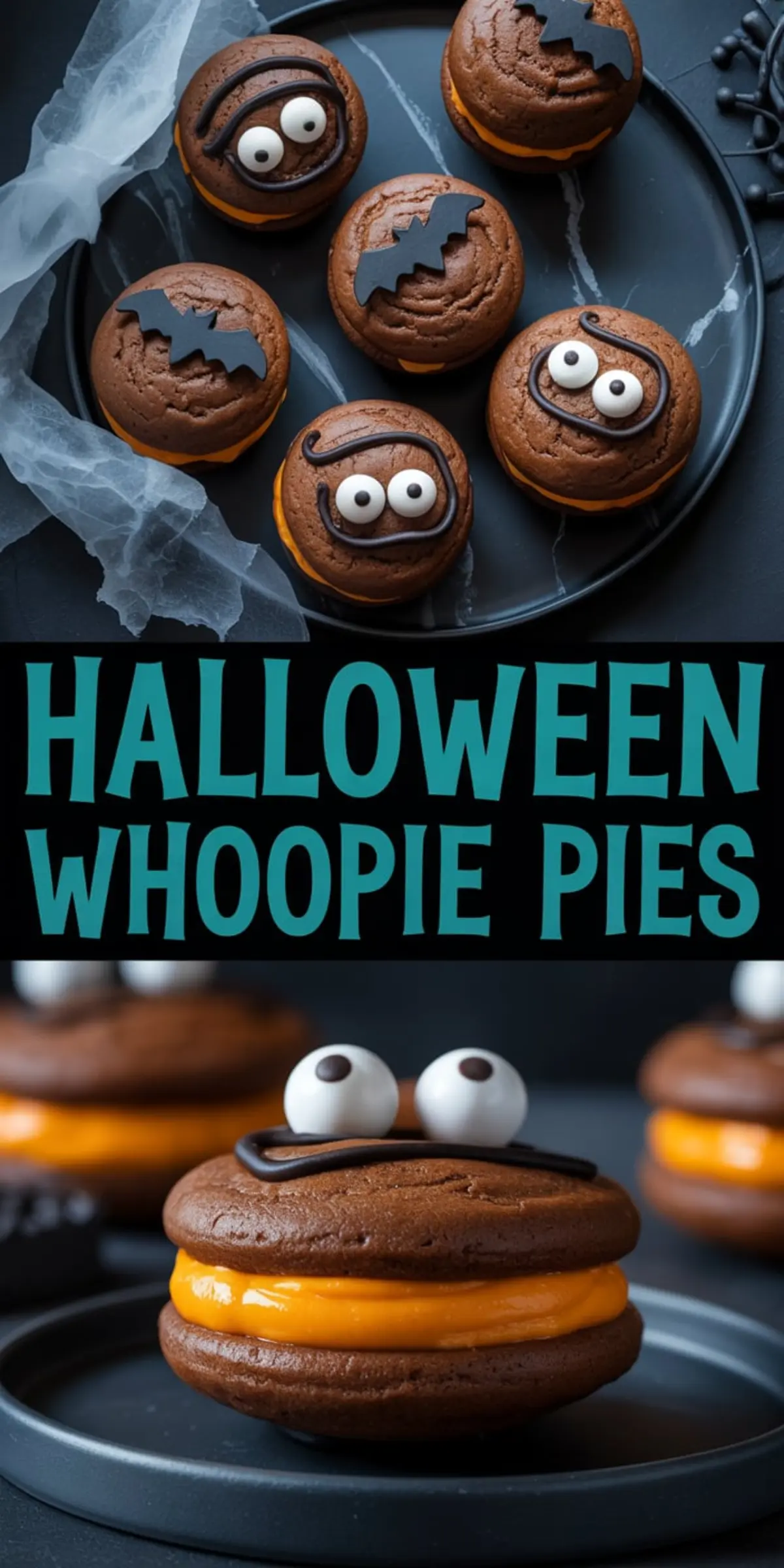 Collage of Halloween-themed whoopie pies with candy eyes, black icing details, and bat decorations, sandwiched with vibrant orange filling, with “Halloween Whoopie Pies” text overlay.