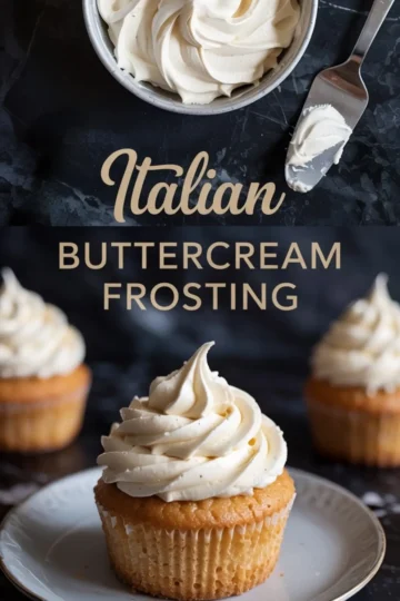 Collage featuring Italian buttercream frosting swirled in a bowl with a frosting spatula, and a frosted cupcake on a white plate. The text overlay reads “Italian Buttercream Frosting” against a dark background, highlighting smooth swirls and piped cupcake details.
