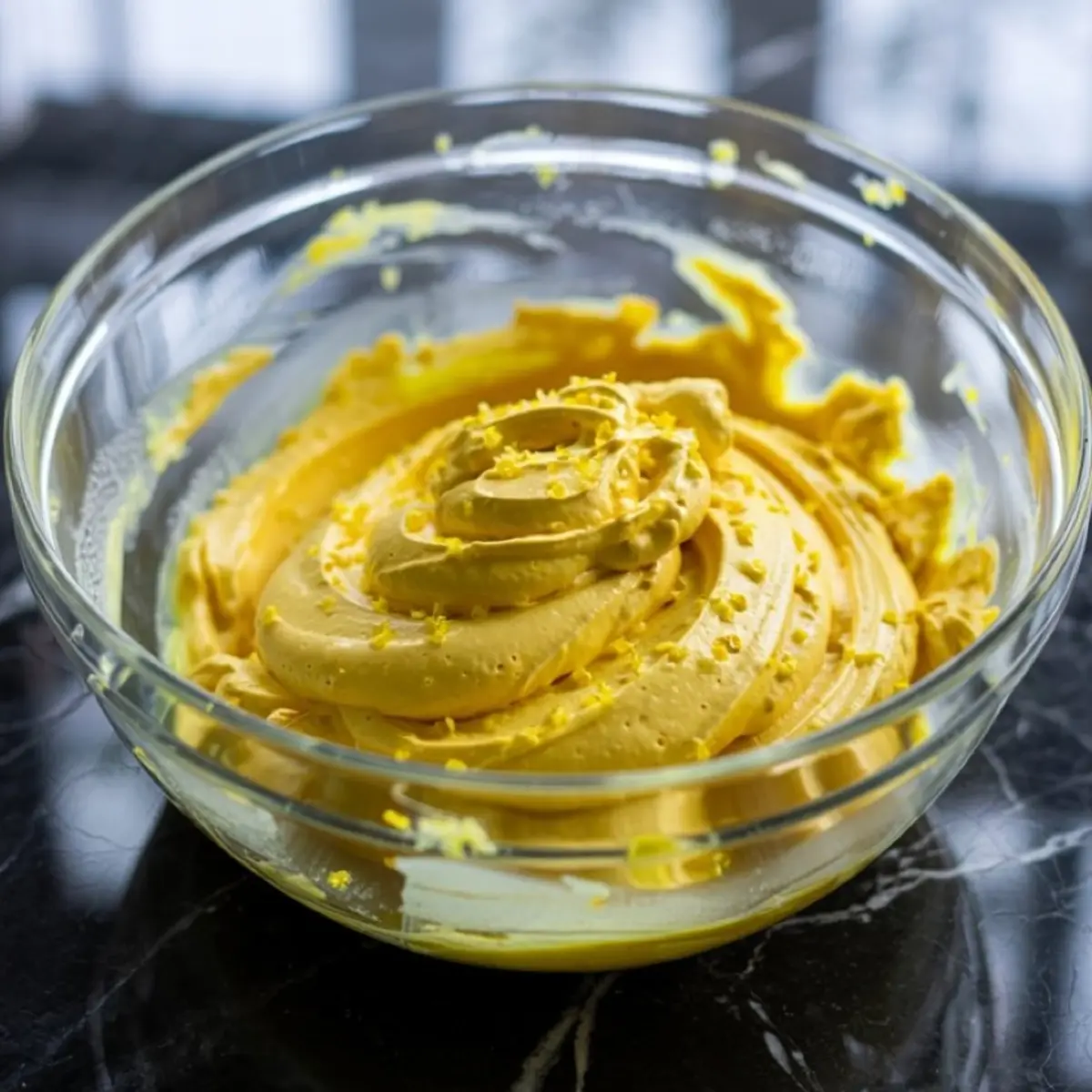 A glass bowl filled with whipped lemon buttercream frosting, swirled into soft peaks and sprinkled with fresh lemon zest on a black marble countertop.