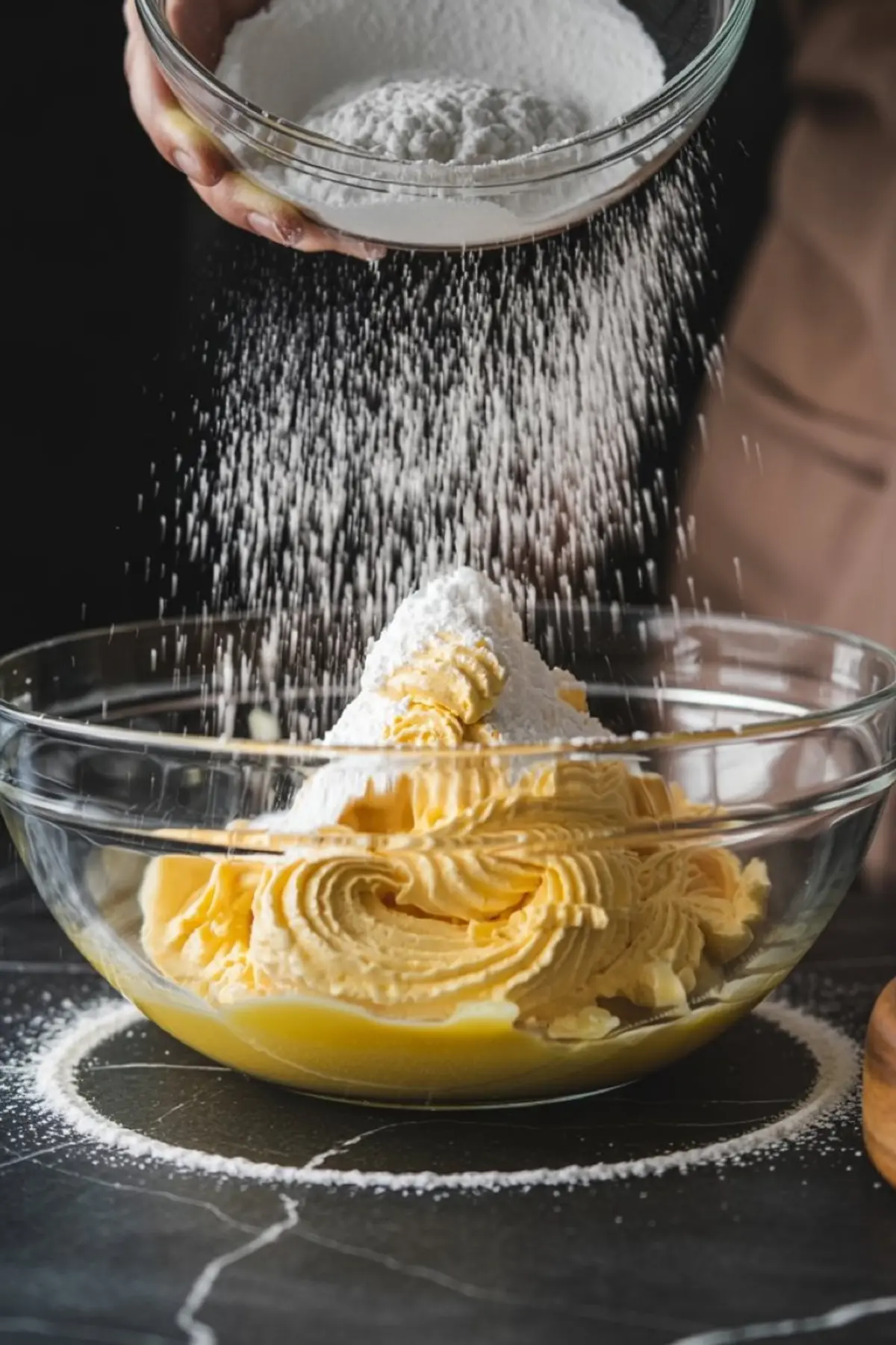 Action shot of powdered sugar being sifted into a mixing bowl filled with whipped butter and lemon mixture, creating a cloud of sugar above the bowl.