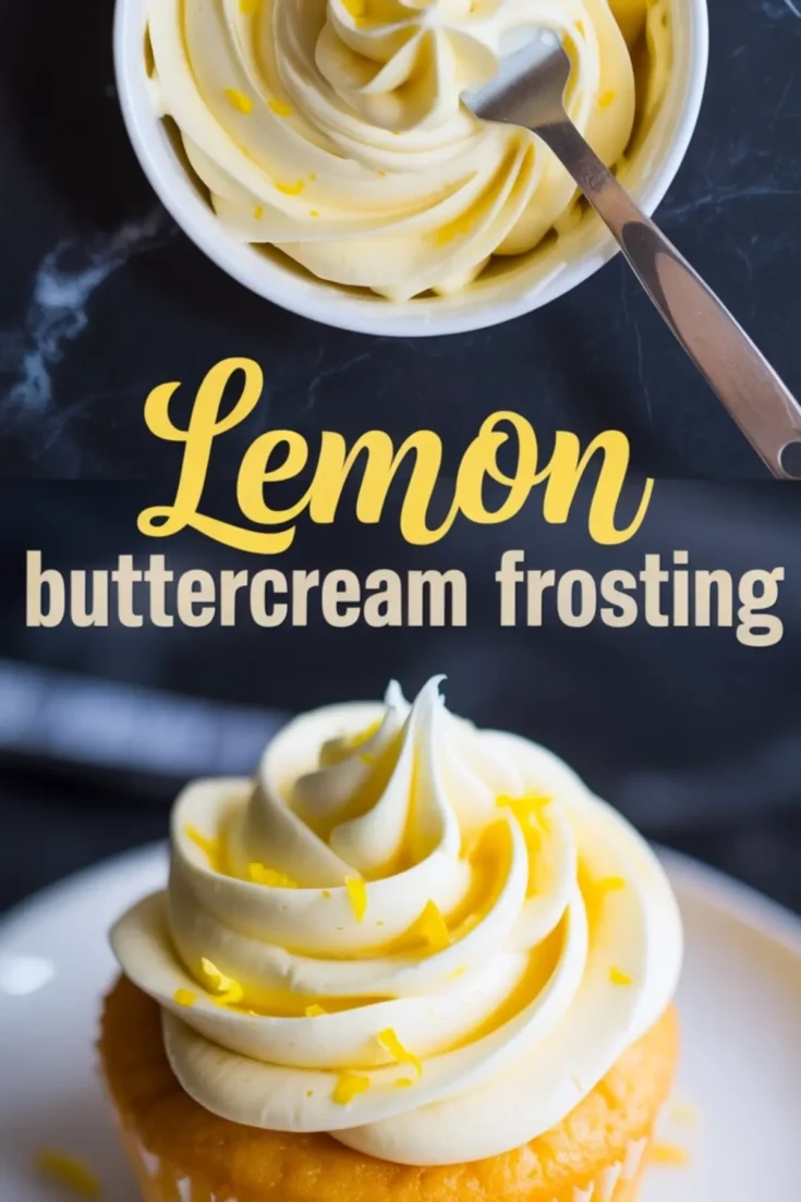 Top and bottom collage image showing a swirl of lemon buttercream frosting in a small white bowl and piped onto a golden cupcake, garnished with lemon zest. Text overlay reads “Lemon buttercream frosting.”