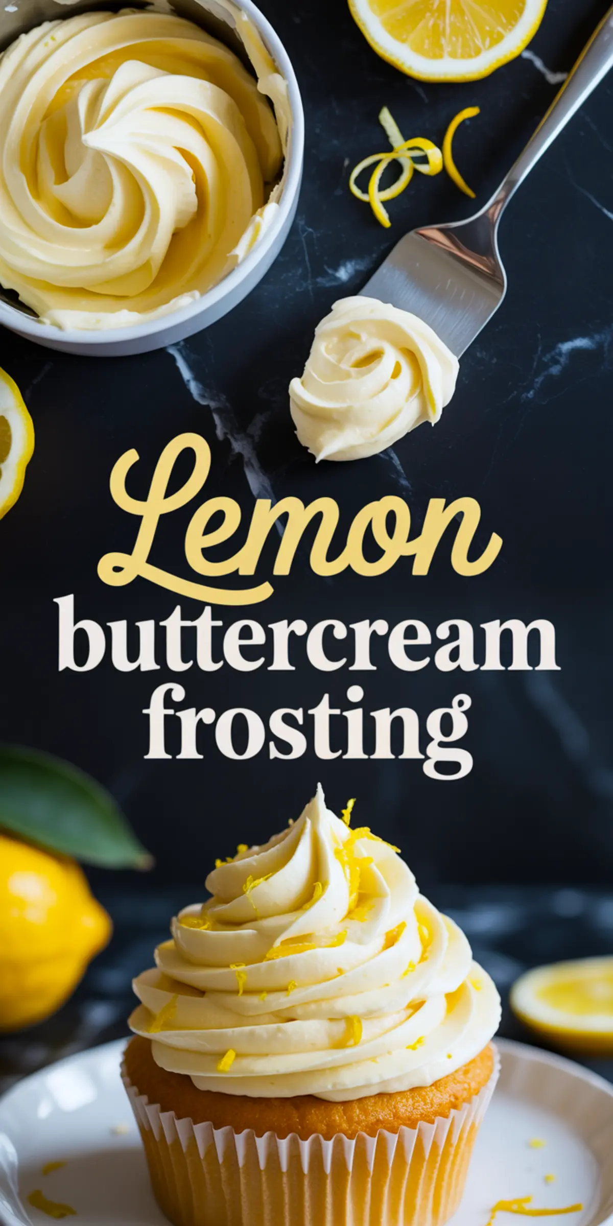 Collage featuring a swirl of lemon buttercream frosting in a white ramekin, a butter knife with frosting and lemon peel, and a cupcake topped with lemon zest. Text overlay reads “Lemon buttercream frosting.”