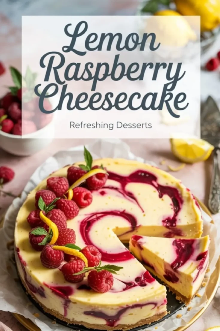 Lemon raspberry cheesecake topped with fresh raspberries, lemon peel curls, and mint leaves, with a slice removed to reveal the creamy texture and vibrant raspberry swirls.