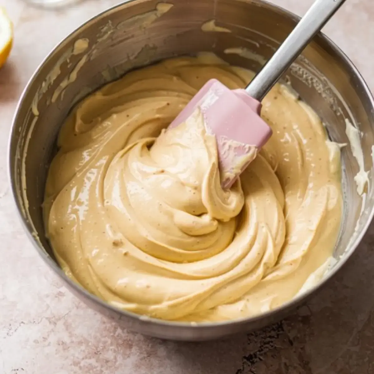 Creamy lemon cheesecake filling in a mixing bowl with a pink silicone spatula, whipped to a thick and smooth consistency.