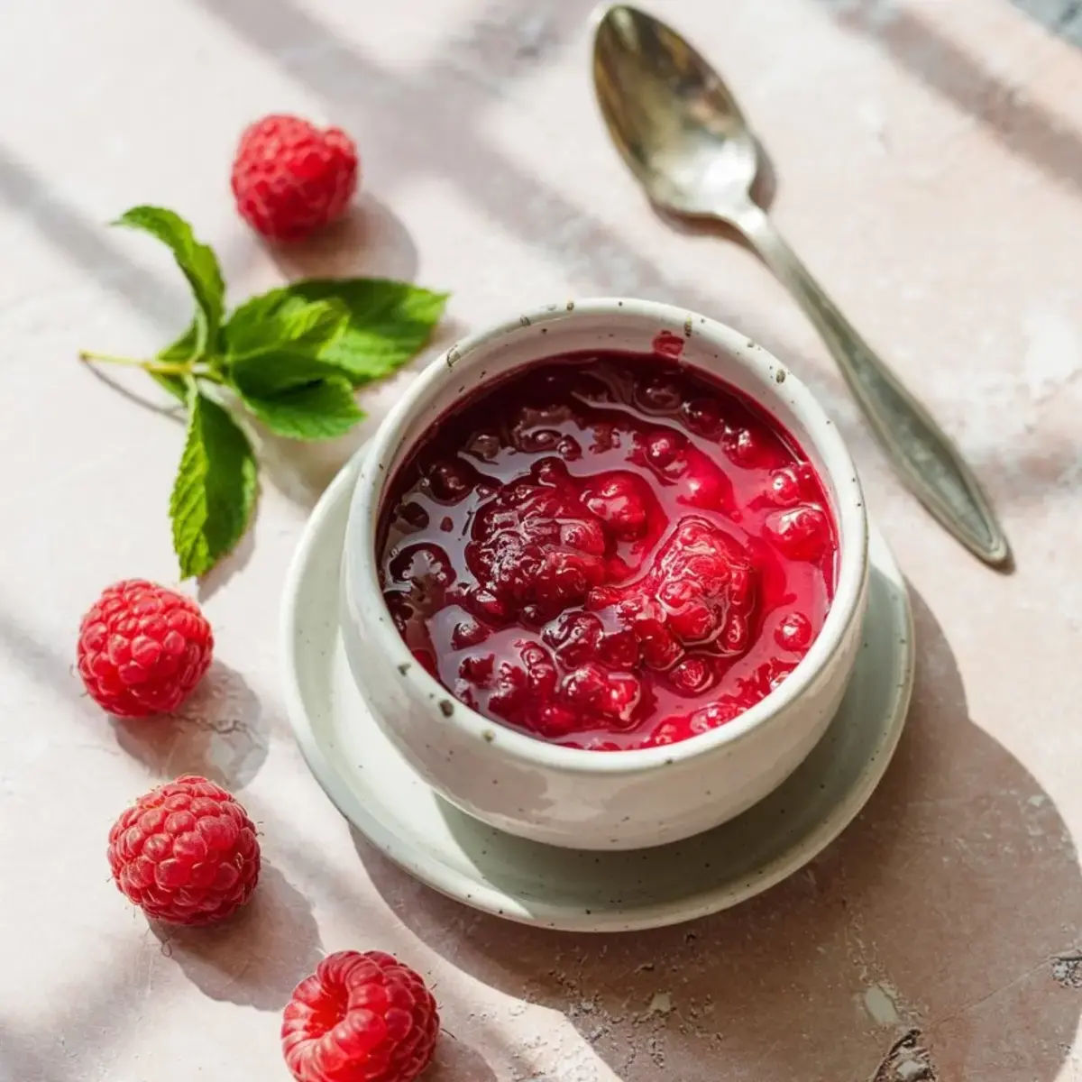 Small ceramic bowl filled with raspberry sauce made from fresh raspberries, placed next to a spoon and garnished with mint leaves on a light background.
