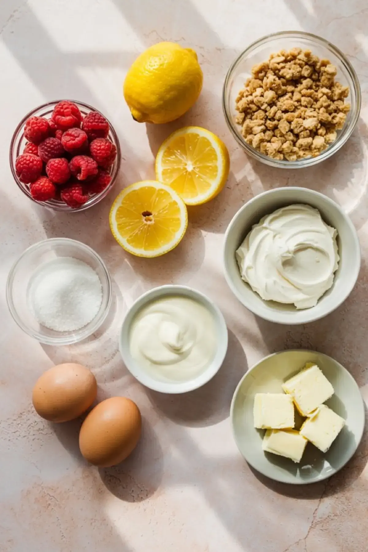 Flat lay of lemon raspberry cheesecake ingredients including fresh raspberries, lemons, graham cracker crumbs, cream cheese, yogurt, sugar, eggs, and butter arranged on a light surface.