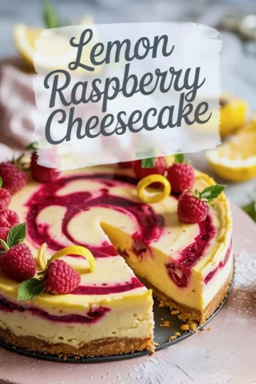 Lemon raspberry cheesecake with raspberry swirls and a slice removed, topped with fresh raspberries, lemon curls, and mint leaves, displayed on a pink plate with powdered sugar.