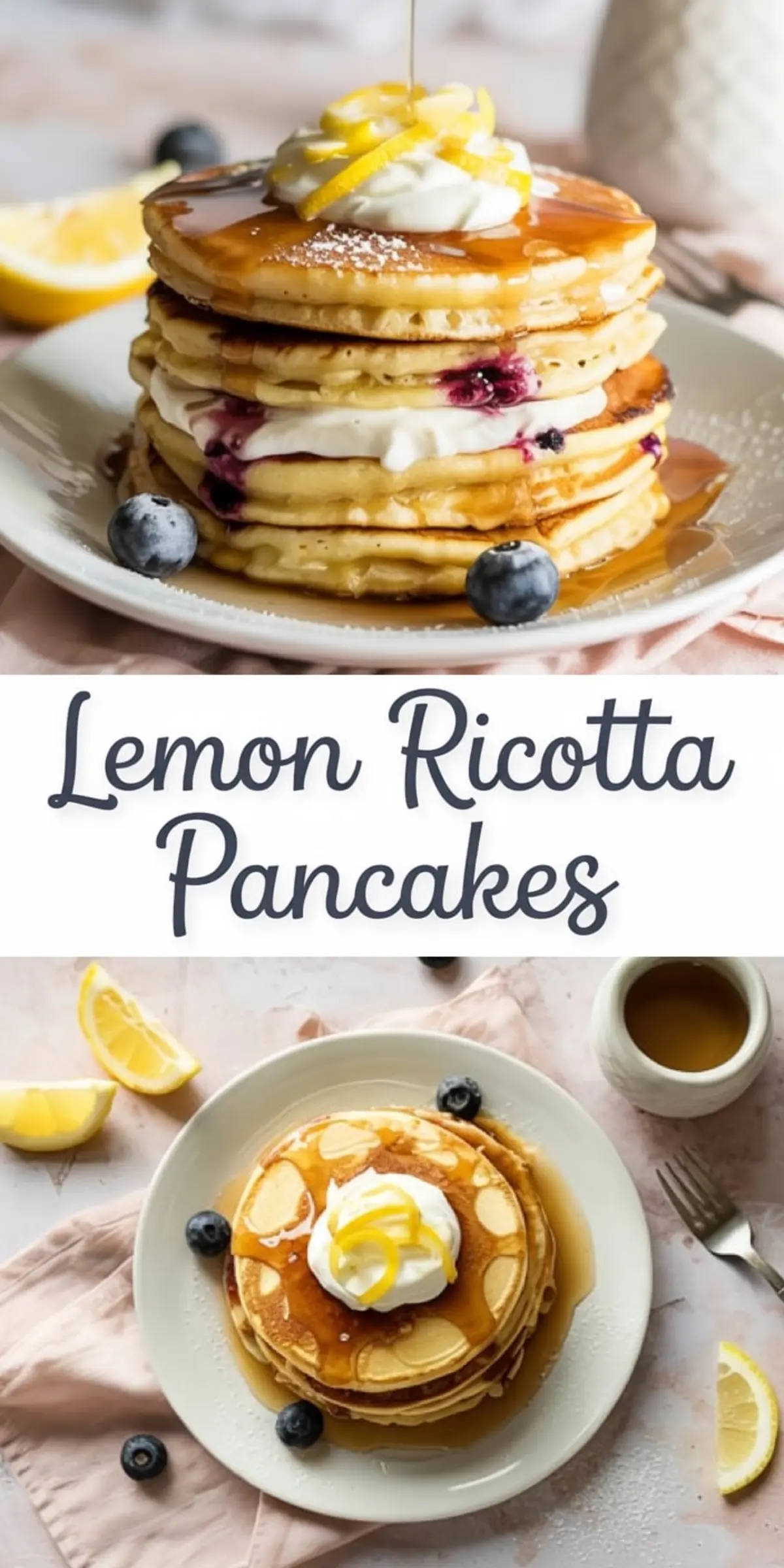 Stack of lemon ricotta pancakes layered with cream and blueberry compote, topped with whipped cream, lemon zest, and maple syrup, styled with fresh blueberries, lemon wedges, and a jug of syrup on a pale pink background.