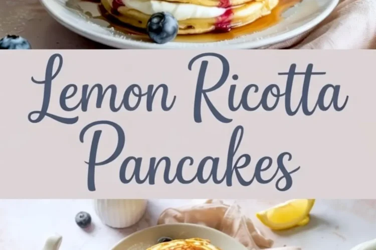 Fluffy lemon ricotta pancakes stacked with layers of cream and blueberry sauce, topped with lemon zest, whipped topping, and maple syrup, surrounded by blueberries, lemon slices, and pastel-toned tableware on a marble background.