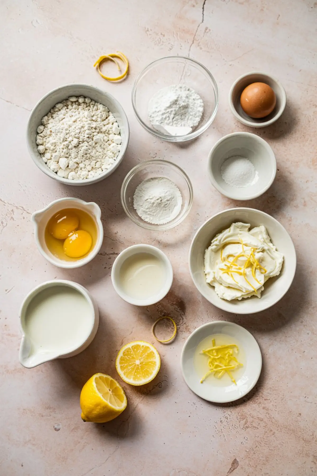 Flat lay of lemon ricotta pancake ingredients, including flour, ricotta cheese, lemon zest, eggs, milk, sugar, and lemon halves, all arranged in ceramic bowls on a pink marble surface.
