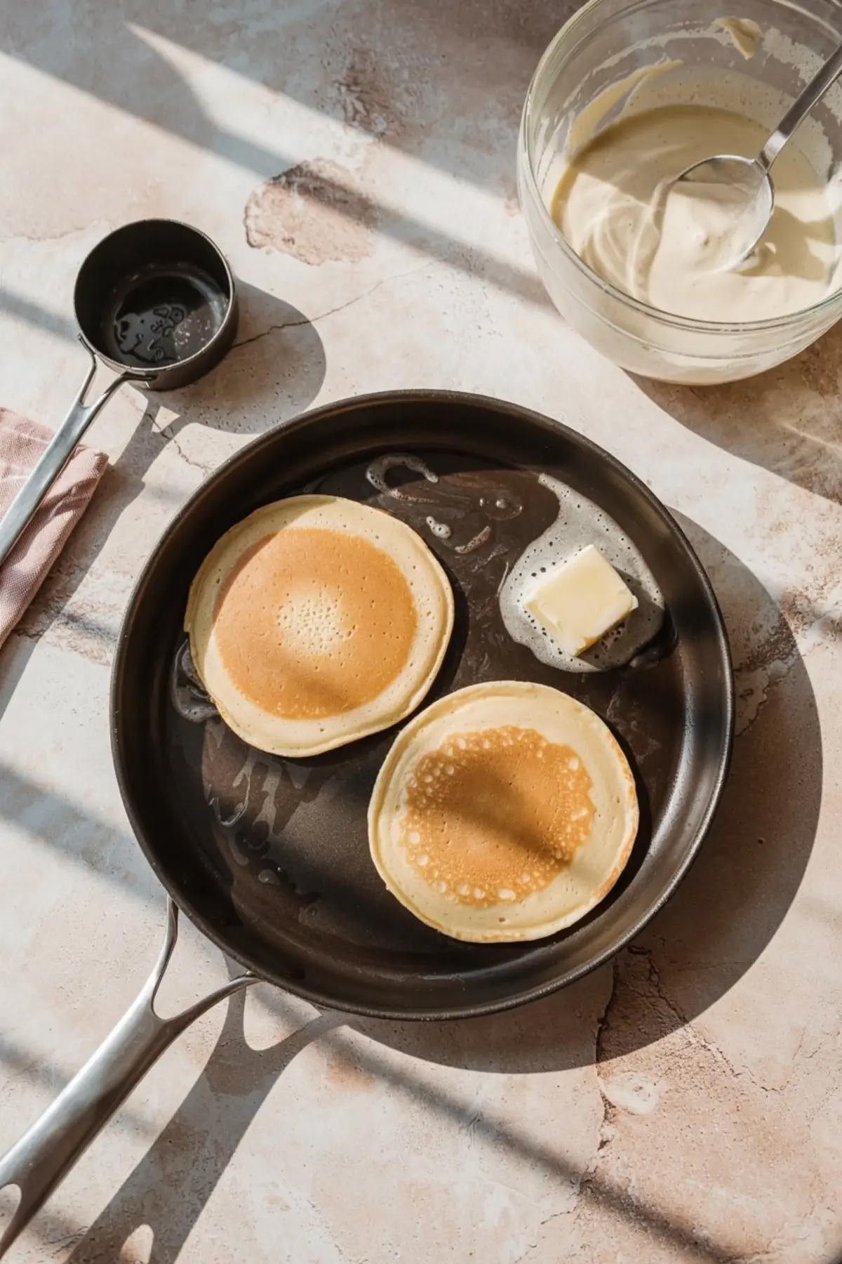 Two golden pancakes cooking in a black skillet with a melting pat of butter, beside a bowl of lemon ricotta batter and a metal ladle on a sunlit countertop.
